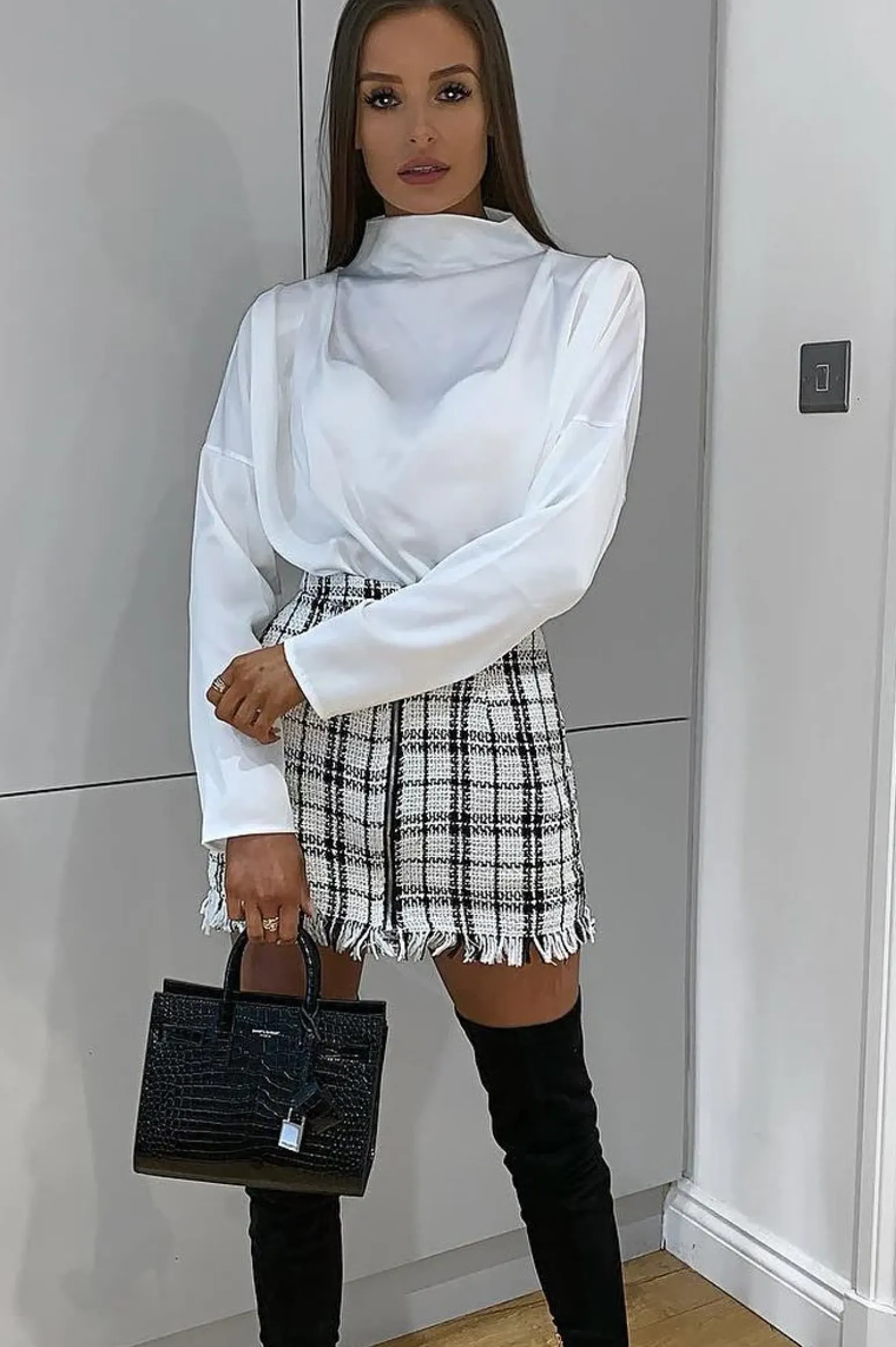 Rebellious Fashion White Satin Shoulder Pad Shirred Waist Blouse - Farida
