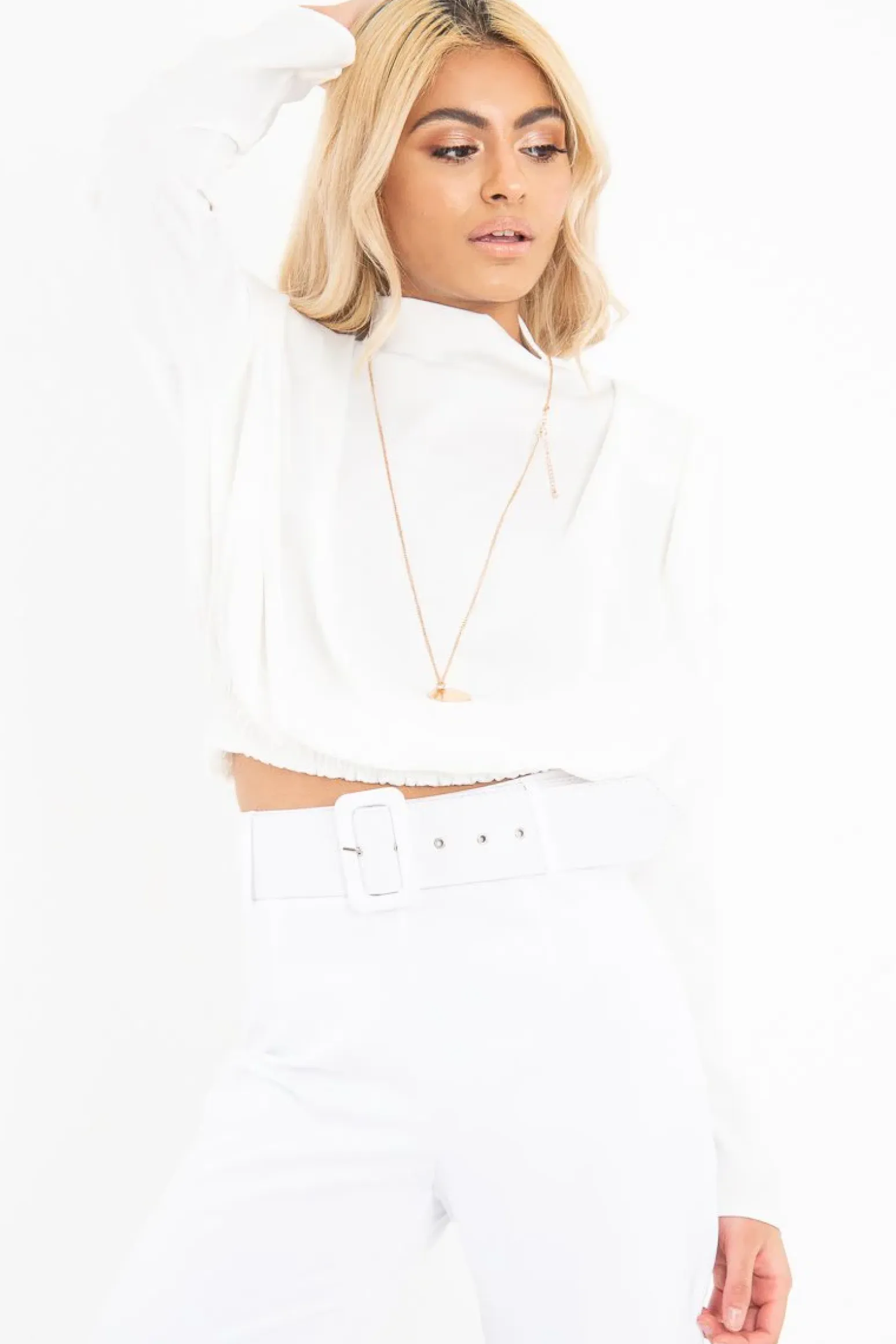 Rebellious Fashion White Satin Shoulder Pad Shirred Waist Blouse - Farida