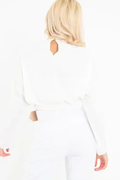 Rebellious Fashion White Satin Shoulder Pad Shirred Waist Blouse - Farida