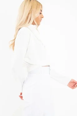 Rebellious Fashion White Satin Shoulder Pad Shirred Waist Blouse - Farida