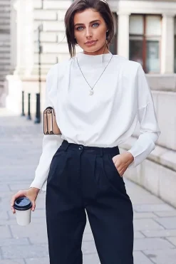 Rebellious Fashion White Satin Shoulder Pad Shirred Waist Blouse - Farida