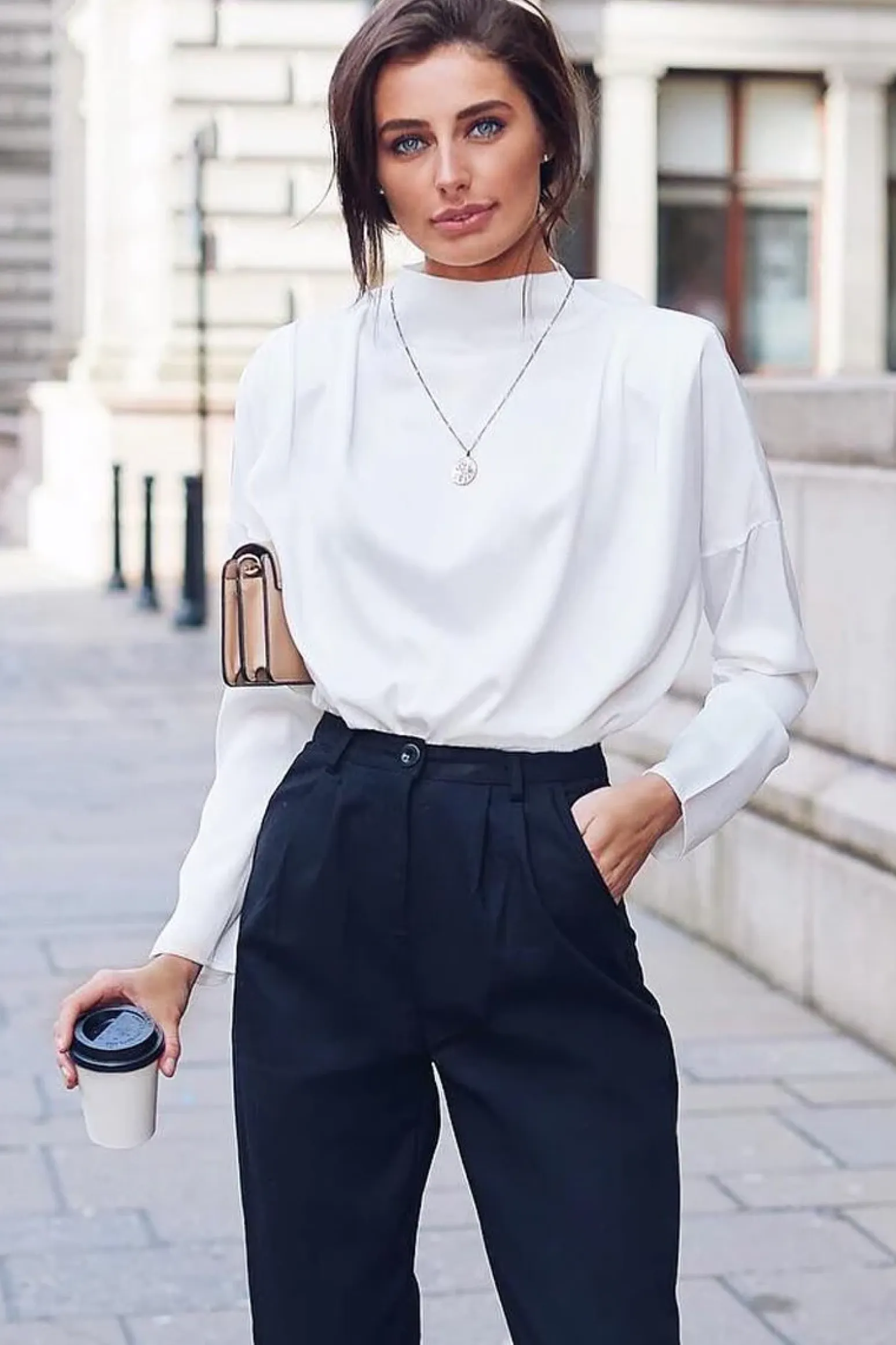 Rebellious Fashion White Satin Shoulder Pad Shirred Waist Blouse - Farida