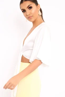 Rebellious Fashion White Satin Tie Crop Top - Alara