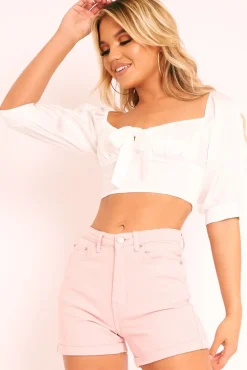 Rebellious Fashion White Satin Tie Front Crop Top - Jasie