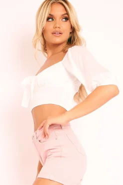 Rebellious Fashion White Satin Tie Front Crop Top - Jasie