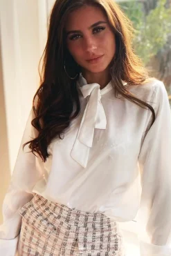 Rebellious Fashion White Satin Tie Front Long Sleeve Blouse - Cherie