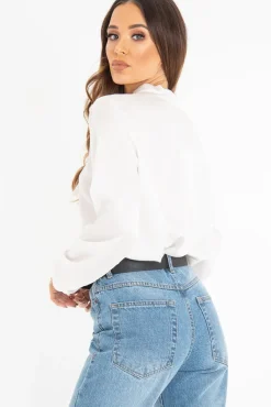 Rebellious Fashion White Satin Tie Front Long Sleeve Blouse - Cherie