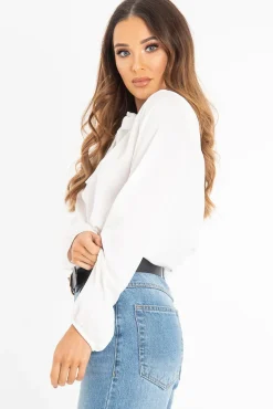 Rebellious Fashion White Satin Tie Front Long Sleeve Blouse - Cherie
