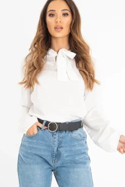 Rebellious Fashion White Satin Tie Front Long Sleeve Blouse - Cherie