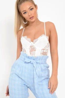 Rebellious Fashion White Scalloped Lace Satin Bodysuit - Jeriah