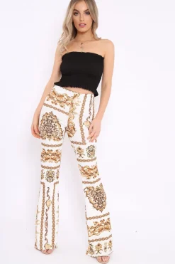 Rebellious Fashion White Scarf Print High Waist Flared Trousers - Aamari