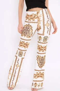 Rebellious Fashion White Scarf Print High Waist Flared Trousers - Aamari
