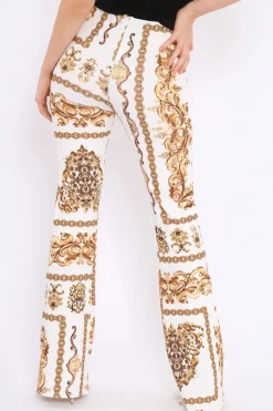 Rebellious Fashion White Scarf Print High Waist Flared Trousers - Aamari