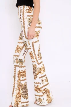 Rebellious Fashion White Scarf Print High Waist Flared Trousers - Aamari