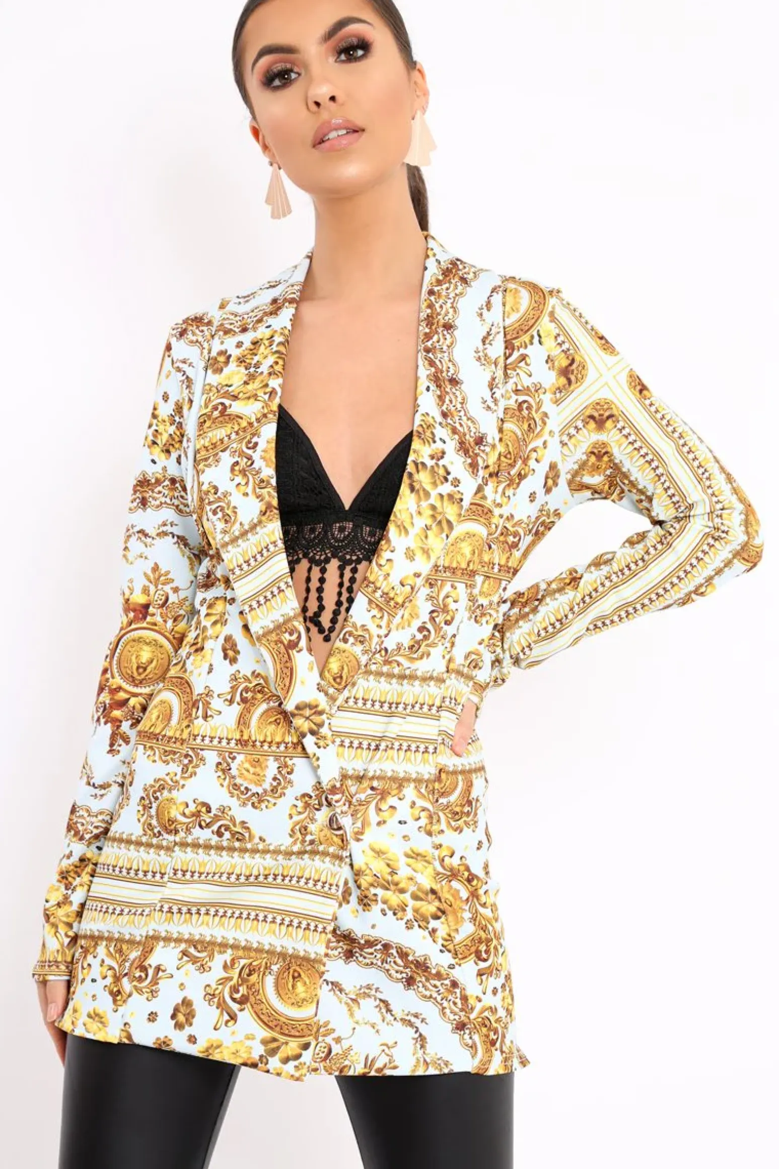 Rebellious Fashion White Scarf Print Two Button Blazer - Hilary