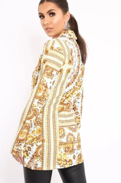 Rebellious Fashion White Scarf Print Two Button Blazer - Hilary