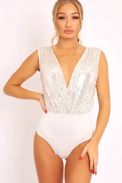 Rebellious Fashion White Sequin Embellished Extreme Plunge Bodysuit - Yamila