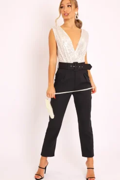 Rebellious Fashion White Sequin Embellished Extreme Plunge Bodysuit - Yamila