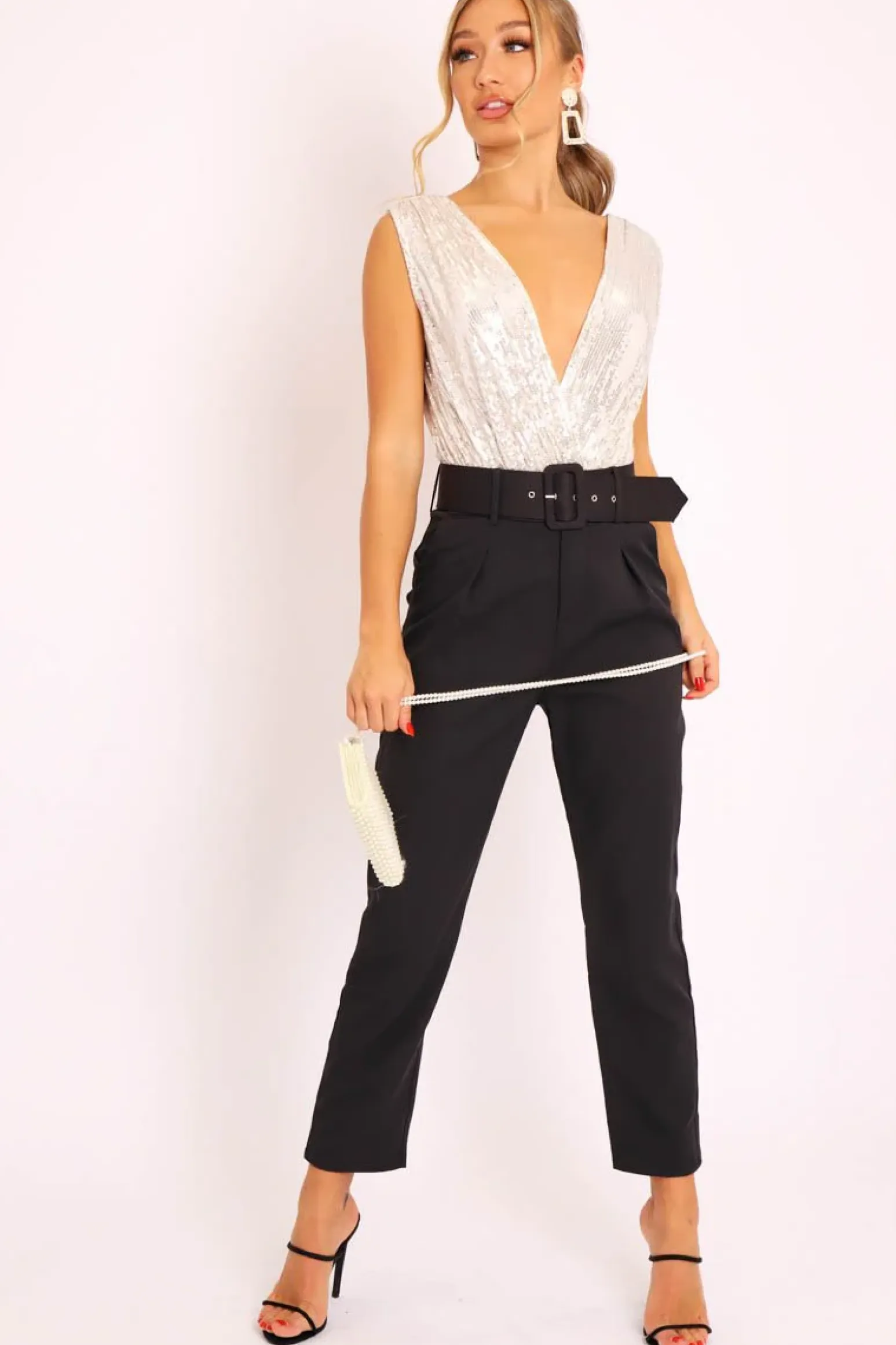Rebellious Fashion White Sequin Embellished Extreme Plunge Bodysuit - Yamila