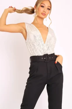 Rebellious Fashion White Sequin Embellished Extreme Plunge Bodysuit - Yamila
