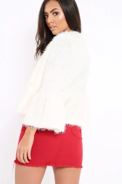 Rebellious Fashion White Shaggy Peplum Cardigan - Trianna