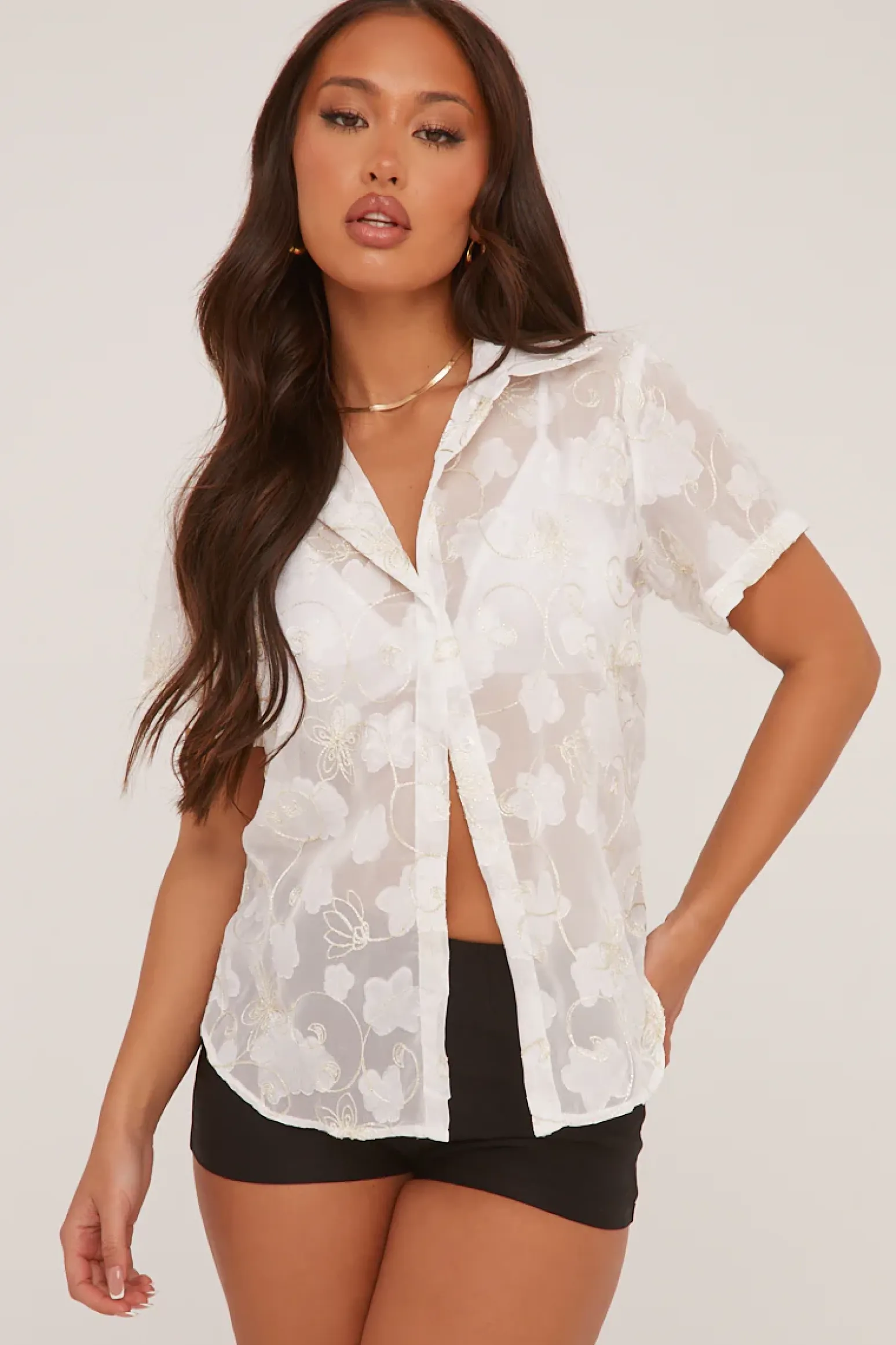 Rebellious Fashion White Sheer Embroidered Oversized Shirt - Rosie