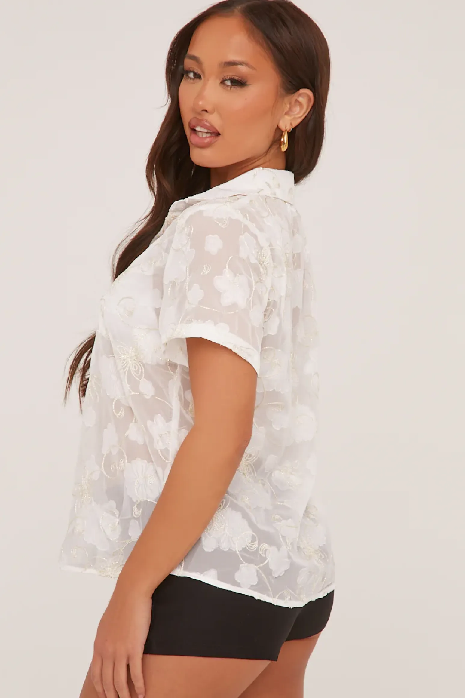 Rebellious Fashion White Sheer Embroidered Oversized Shirt - Rosie