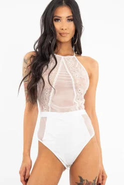 Rebellious Fashion White Sheer Lace High Neck Bodysuit - Joules