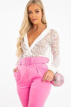 Rebellious Fashion White Sheer Lace Plunge Long Sleeve Bodysuit - Janica