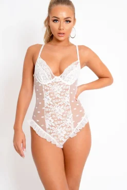 Rebellious Fashion White Sheer Lace Ruffle Bodysuit - Mylei