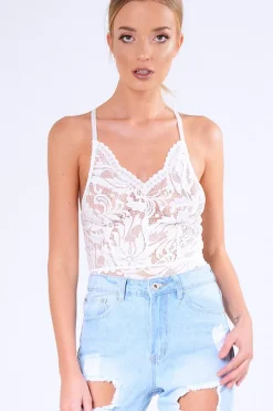 Rebellious Fashion White Sheer Lace Strappy Bodysuit - Rozina