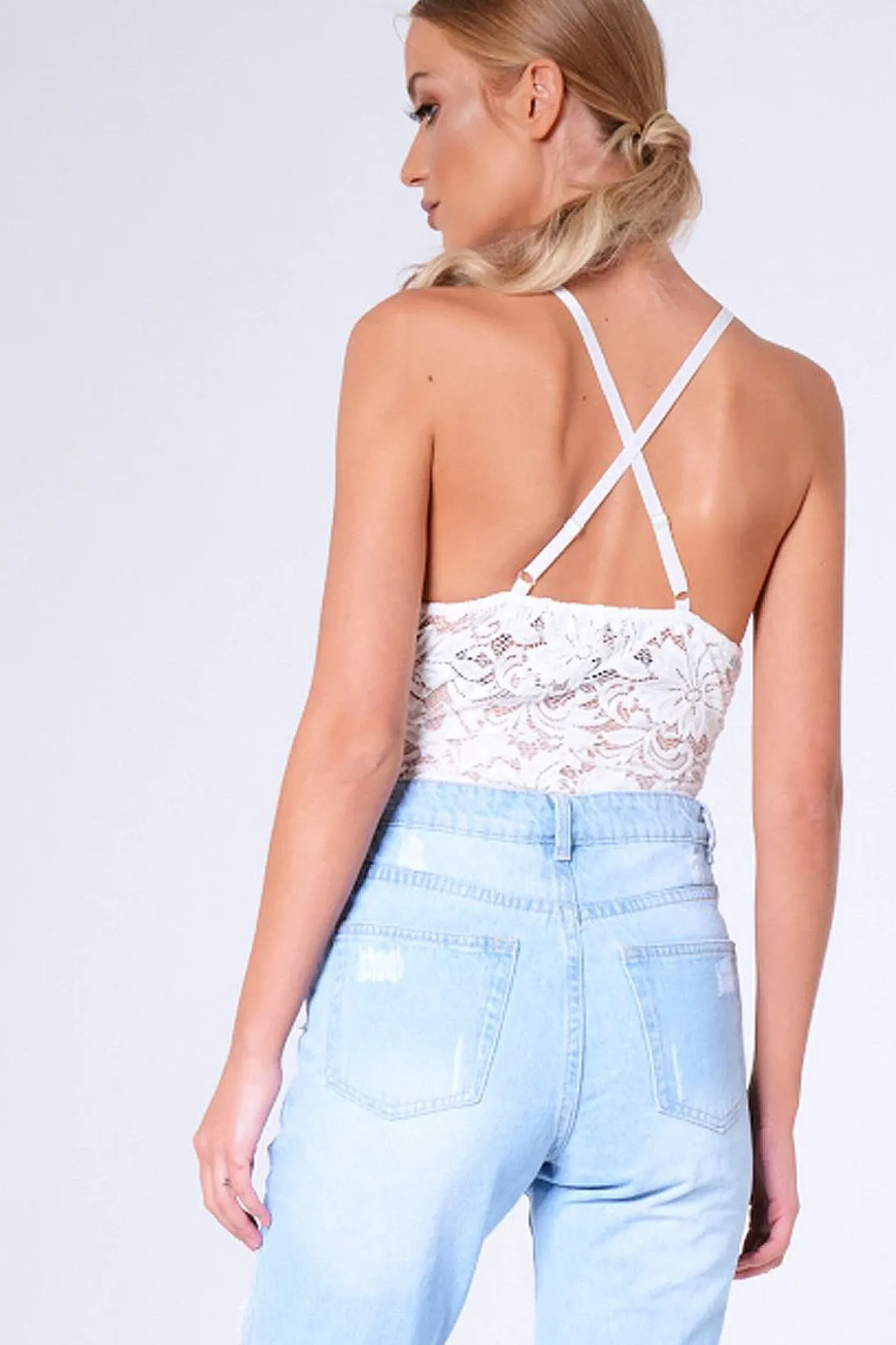 Rebellious Fashion White Sheer Lace Strappy Bodysuit - Rozina