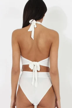 Rebellious Fashion White Sheer Panel Tie Back Bodysuit- Hollie