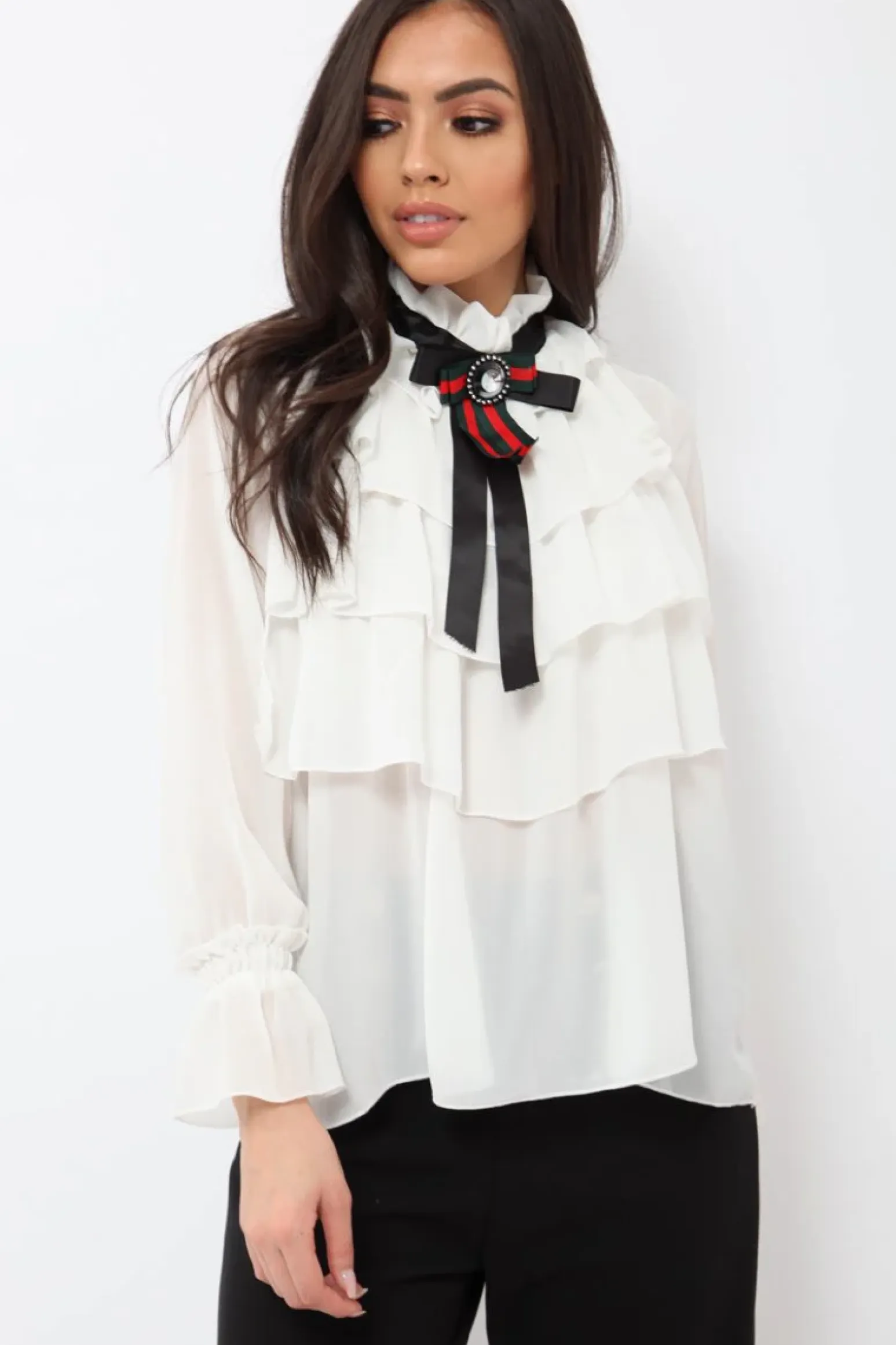 Rebellious Fashion White Sheer Ruffle Blouse with Striped Neck Tie - Viktoria