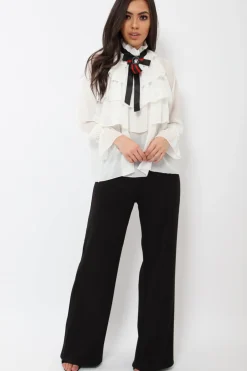 Rebellious Fashion White Sheer Ruffle Blouse with Striped Neck Tie - Viktoria