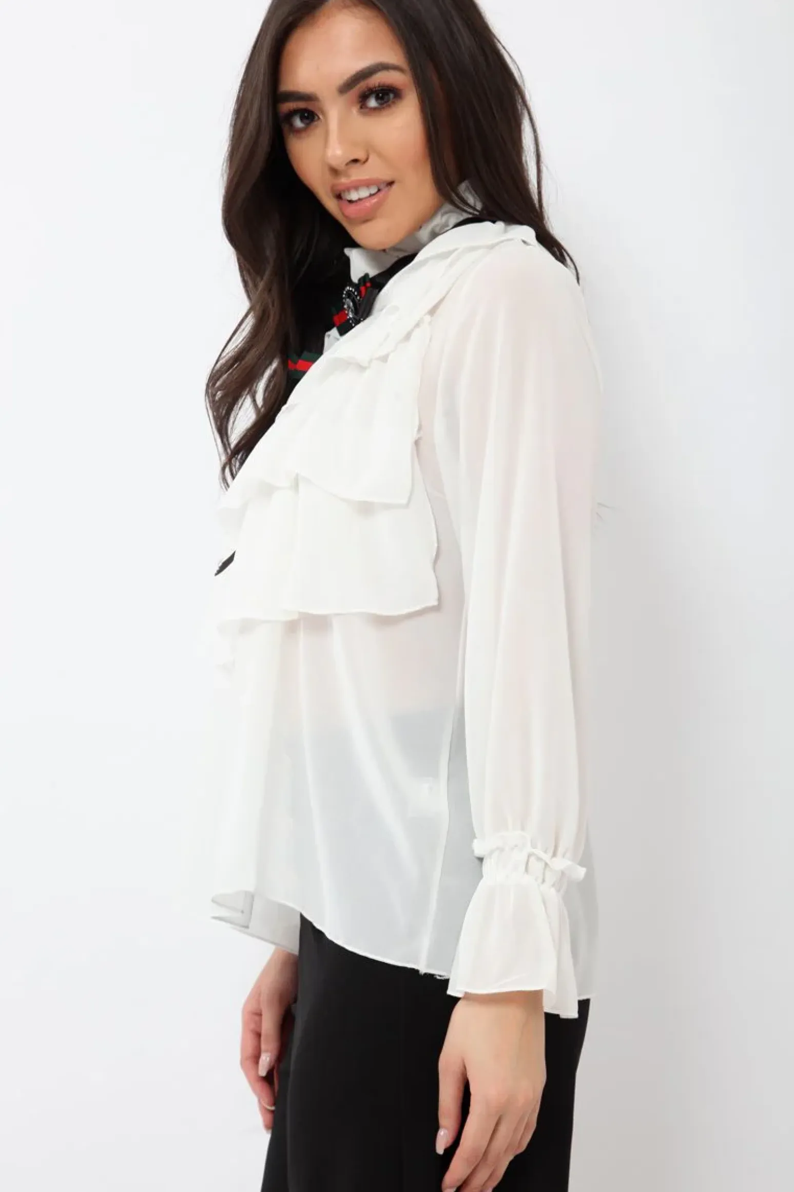 Rebellious Fashion White Sheer Ruffle Blouse with Striped Neck Tie - Viktoria