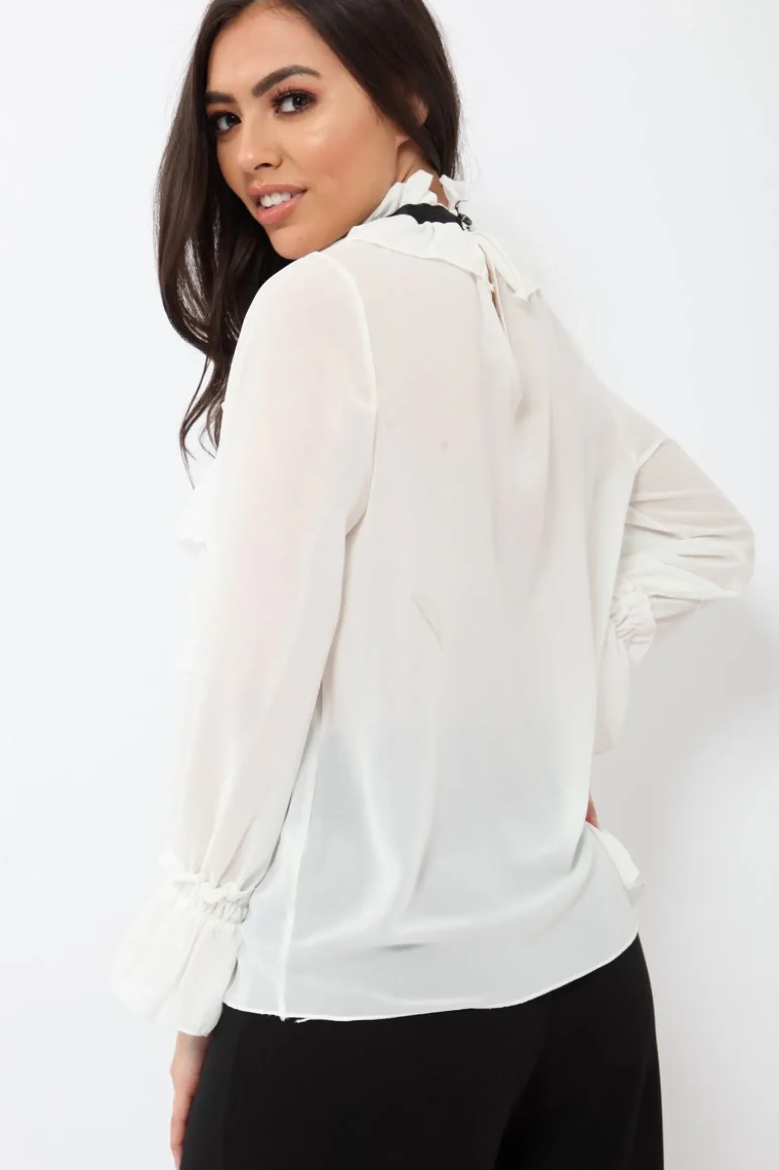 Rebellious Fashion White Sheer Ruffle Blouse with Striped Neck Tie - Viktoria