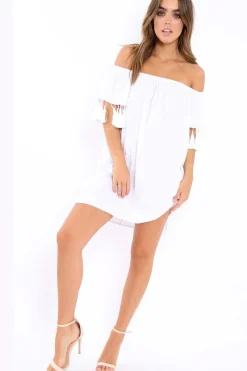 Rebellious Fashion White Shift Dress With Tassle Sleeves - Danielle