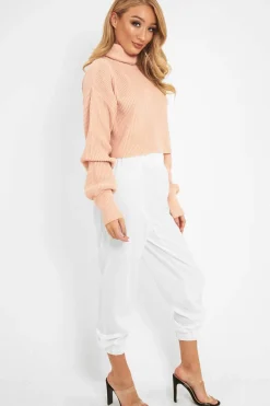 Rebellious Fashion White Shiny Woven Cargo Trousers - Atley
