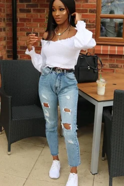 Rebellious Fashion White Shirred Bardot Crop Top - Abisha