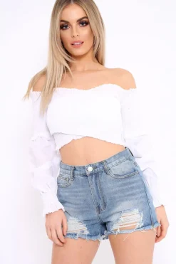 Rebellious Fashion White Shirred Bardot Crop Top - Abisha