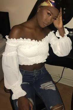 Rebellious Fashion White Shirred Bardot Crop Top - Abisha