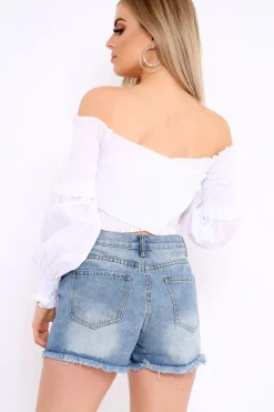 Rebellious Fashion White Shirred Bardot Crop Top - Abisha