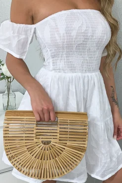 Rebellious Fashion White Shirred Bardot Tiered Textured Mini Dress - Emma