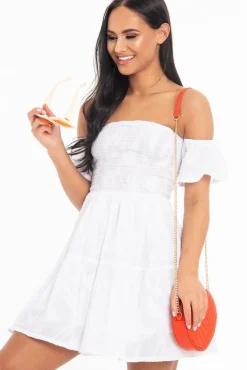 Rebellious Fashion White Shirred Bardot Tiered Textured Mini Dress - Emma
