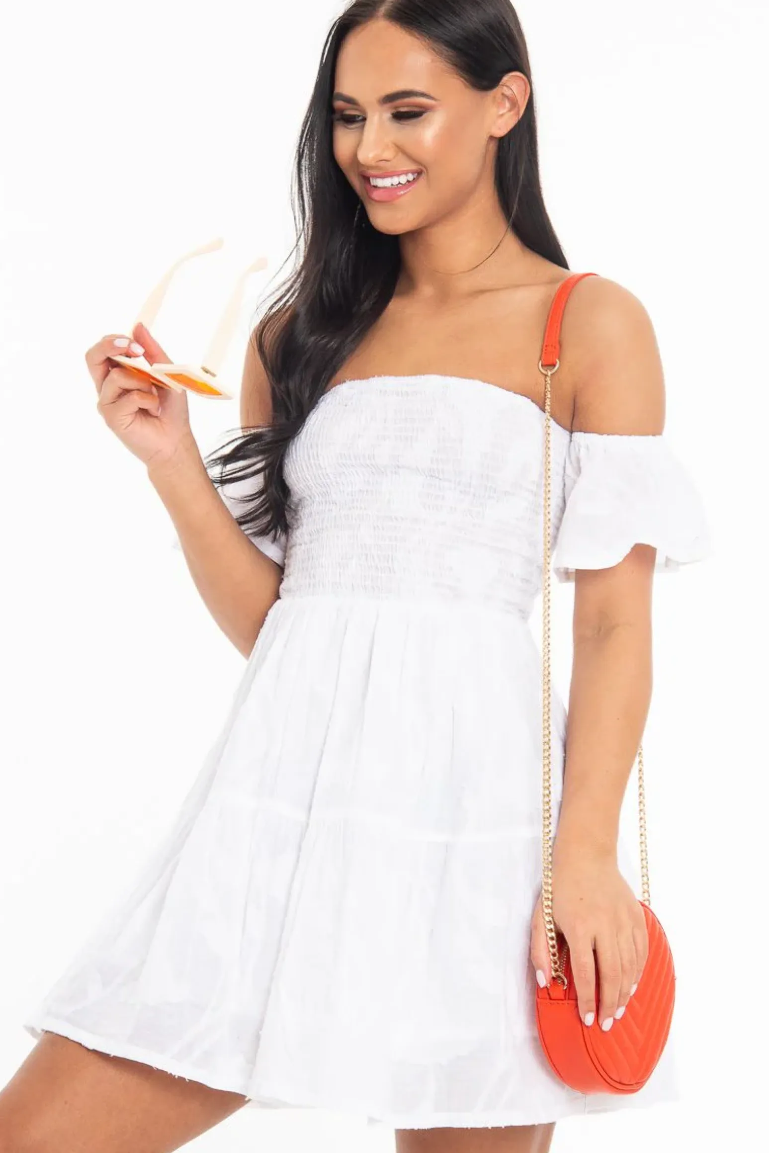 Rebellious Fashion White Shirred Bardot Tiered Textured Mini Dress - Emma