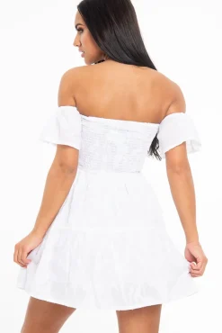 Rebellious Fashion White Shirred Bardot Tiered Textured Mini Dress - Emma