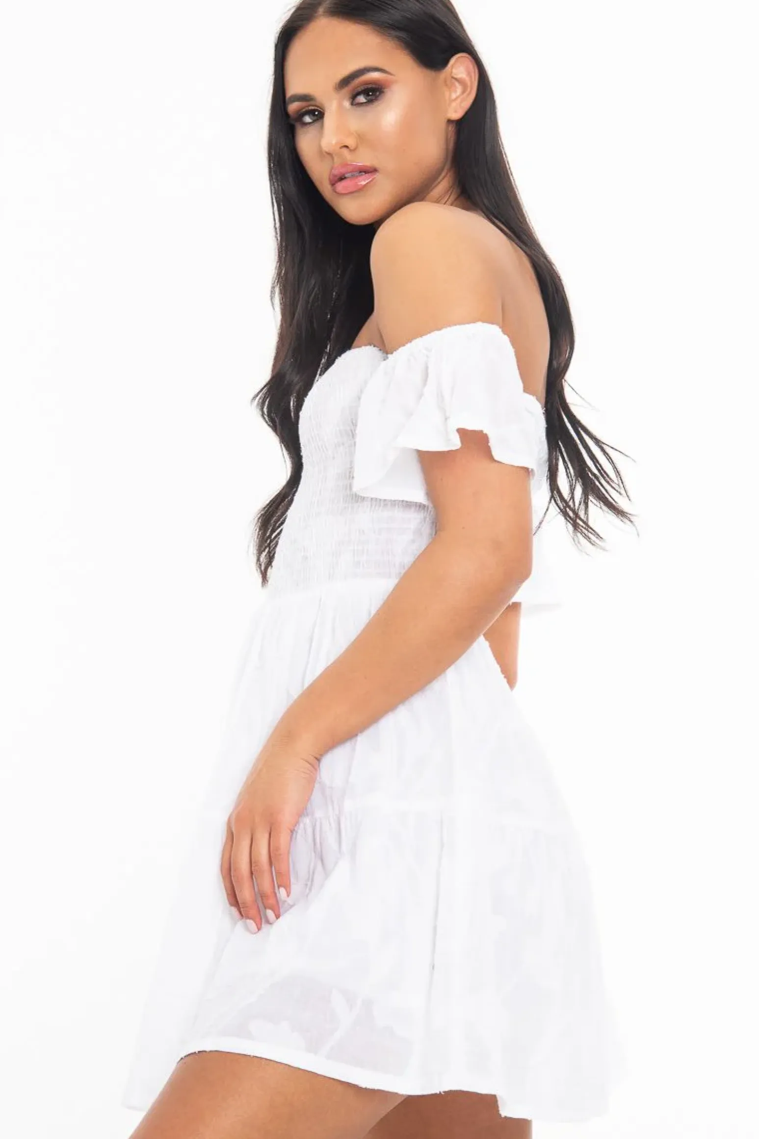 Rebellious Fashion White Shirred Bardot Tiered Textured Mini Dress - Emma