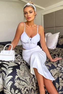 Rebellious Fashion White Shirred Cup Sleeveless Crop Top - Divya