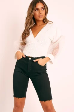 Rebellious Fashion White Shirred Plunge Crop Top - Reina